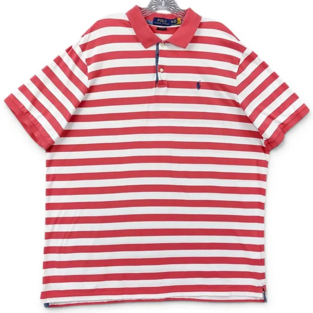 Polo Ralph Lauren Classic Fit Polo Shirt XXL Pink White Stripe Pony Logo Cotton